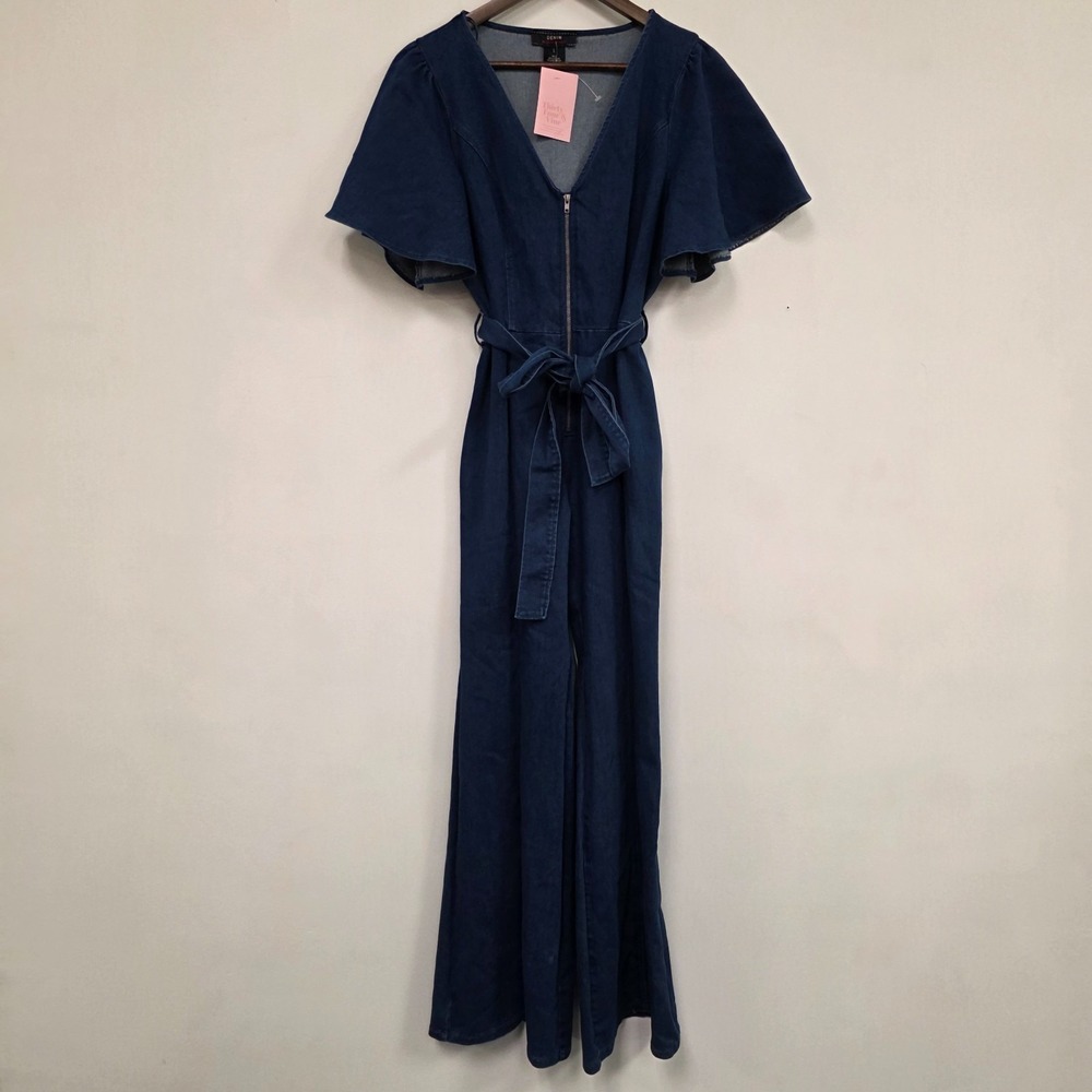 Denim By Jealous Tomato Womens Just One Look Denim Jumpsuit Size L Blue V Neck